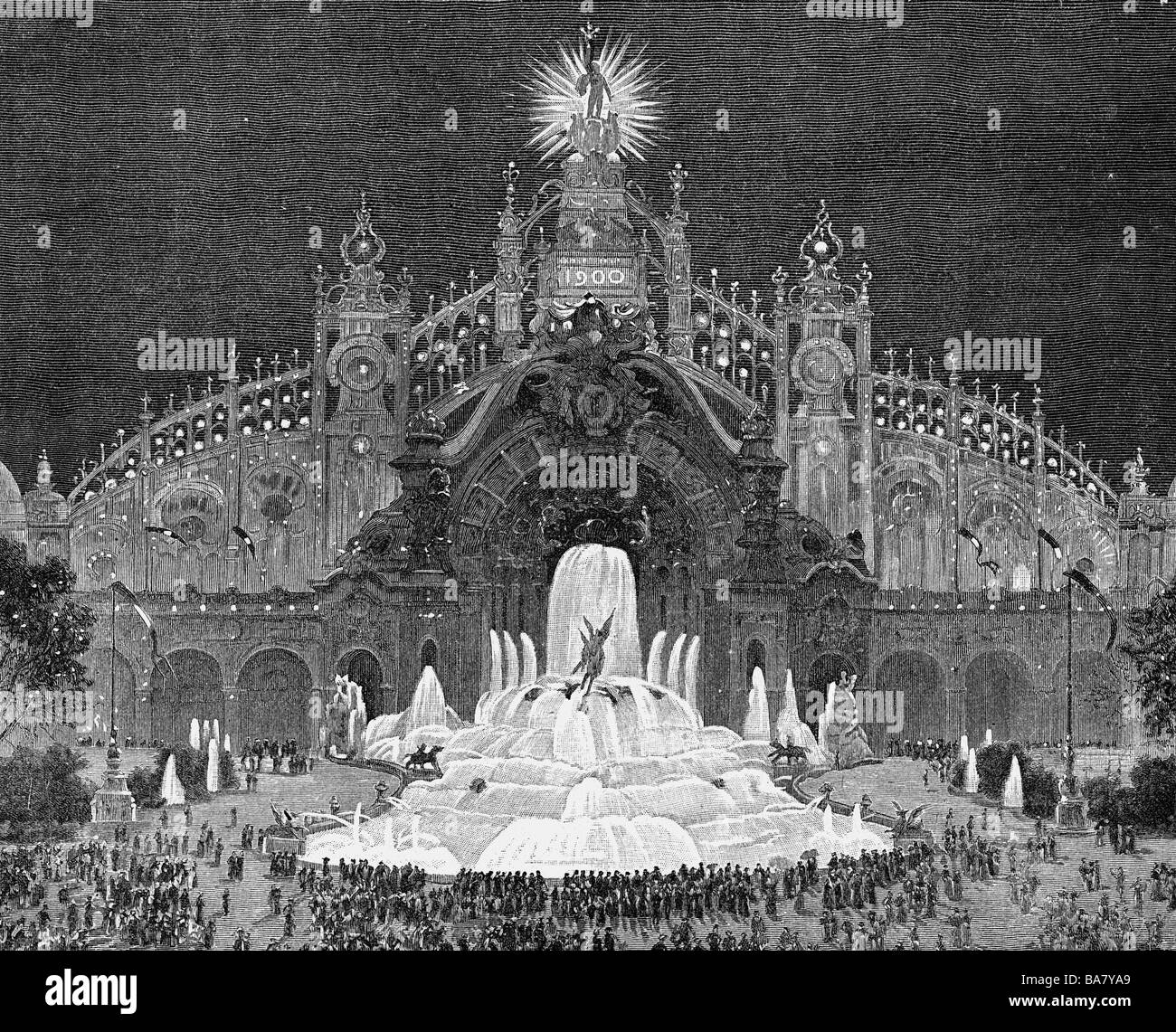 exhibitions, world exposition, Expostion Universelle, Paris, 15.4.1900 - 12.11.1900, Electricity palace, exterior view, wood engraving, 1900,  fountain, exhibition, France, architecture, hall, illumination, 19th century, historic, historical, Europe, people, 1900s, Stock Photo