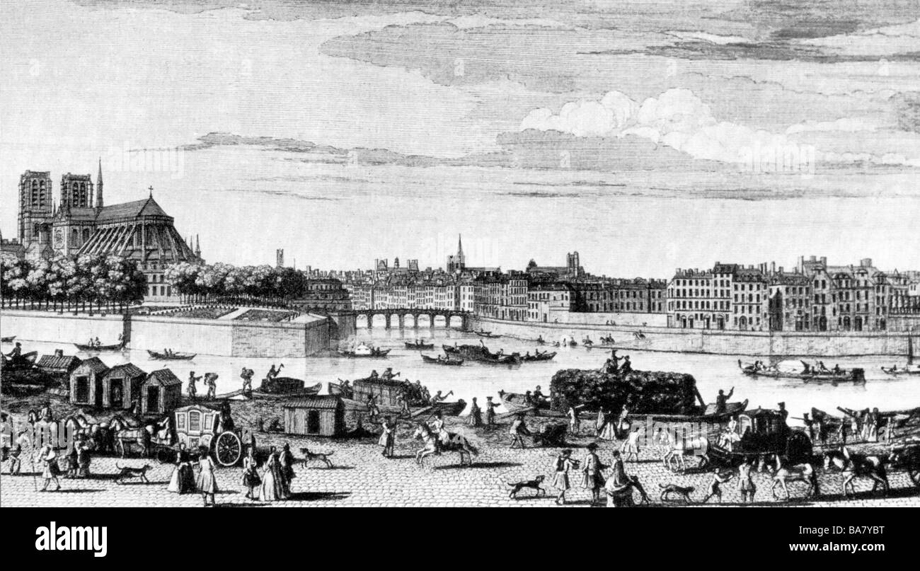 geography / travel, France, Paris, city views / cityscapes, view of Pont de la Tornelle and the cathedral Notre Dame, copper engraving by Hyacinthe Rigaud, 18th century, Seine, river, people, cityscape, print, prints, graphic, graphics, historic, historical, Stock Photo