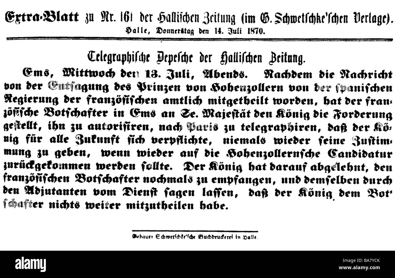 events, Franco-Prussian War 1870 - 1871, Ems Dispatch, shortened version, "Hallische Zeitung", 13.7.1870, , Stock Photo