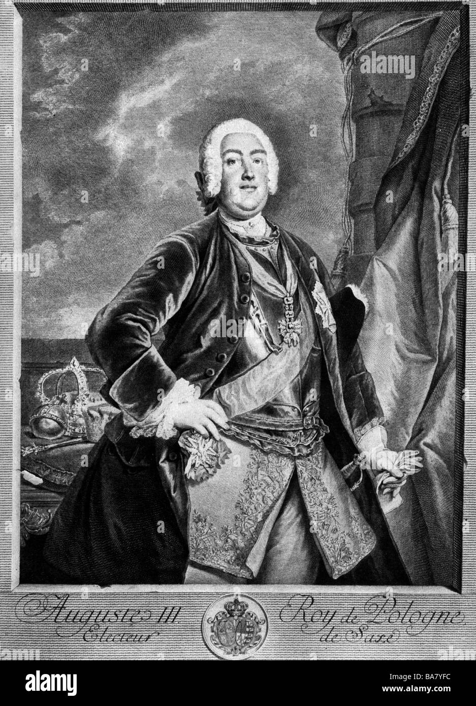 Frederick Augustus II, 17.10.1696 - 5.10.1763, Elector of Saxony 1733 - 1763, King of Poland (as Augustus III), half length, copper engraving by G. F. Schmidt after painting by Louis de Silvestre (1675 - 1760), Artist's Copyright has not to be cleared Stock Photo