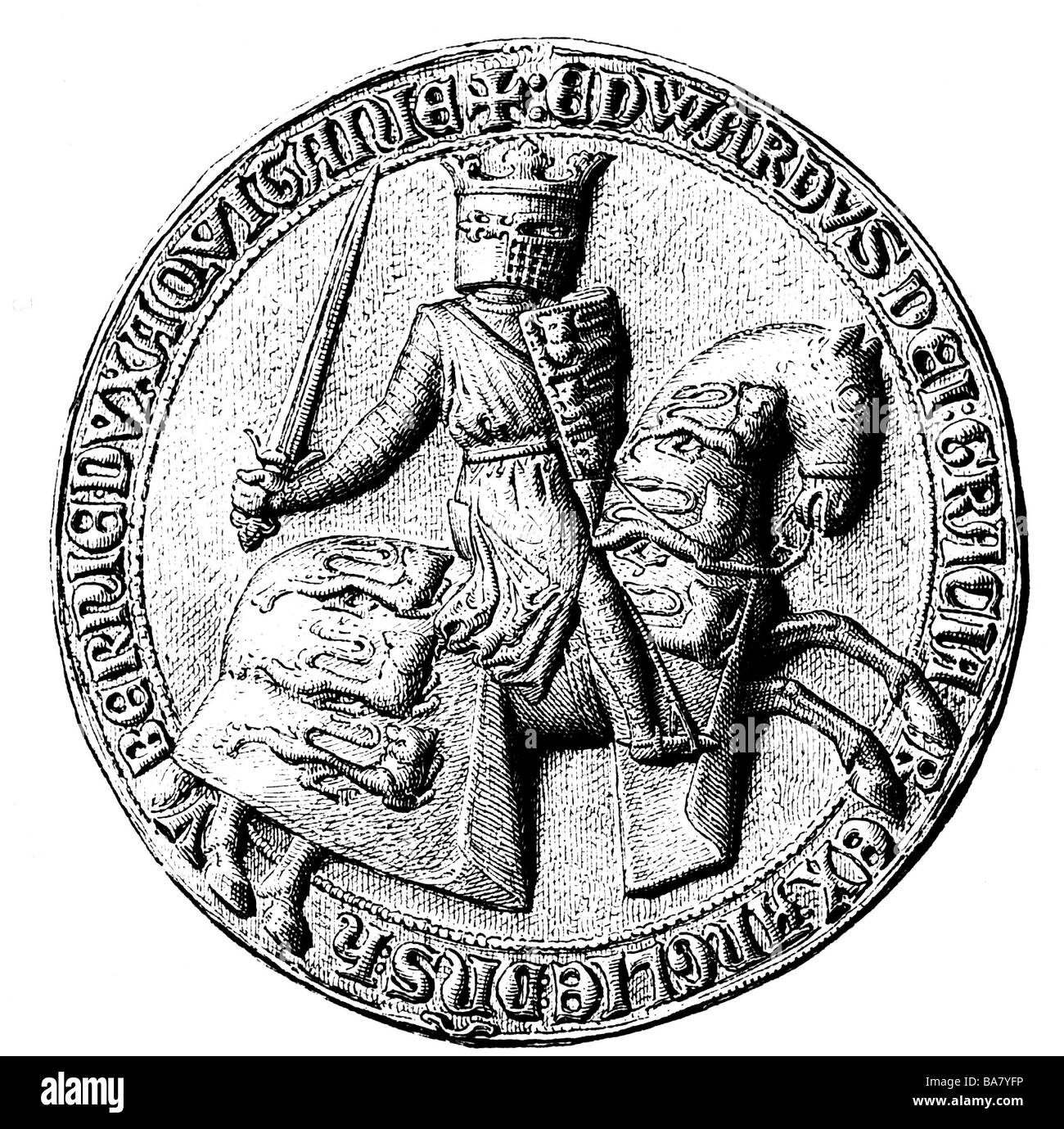 Edward I ("Longshanks"), 17.6.1239 - 7.7.1307, King of England since 20.11.1272, full length, riding, drawing after seal, Stock Photo