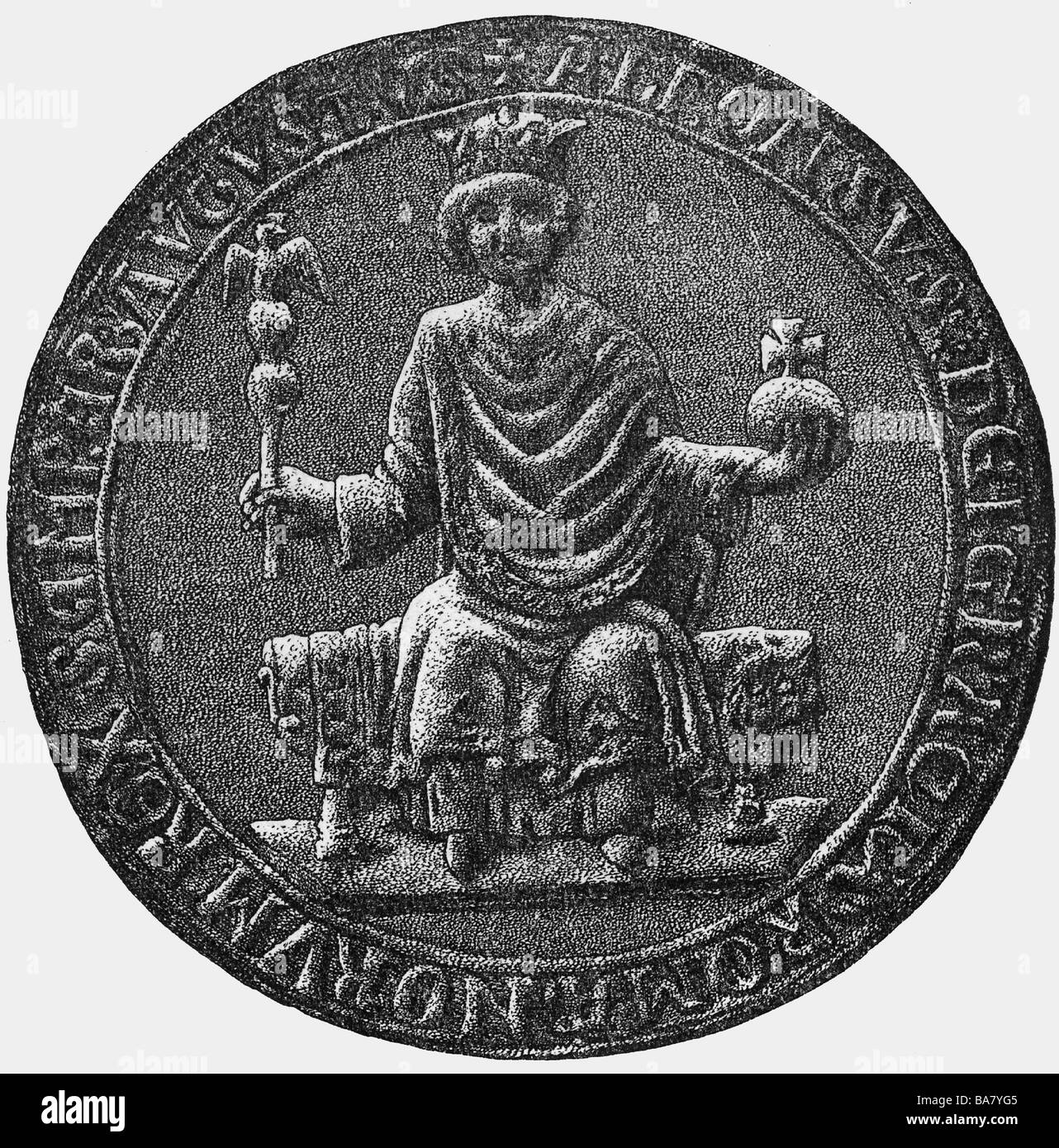 Alfonso X of Castile, 26.11.1221 - 4.4.1284, King of Castile,  Leon and Galicia from 1252, Great Imperial Seal, drawing, 19th century, Stock Photo