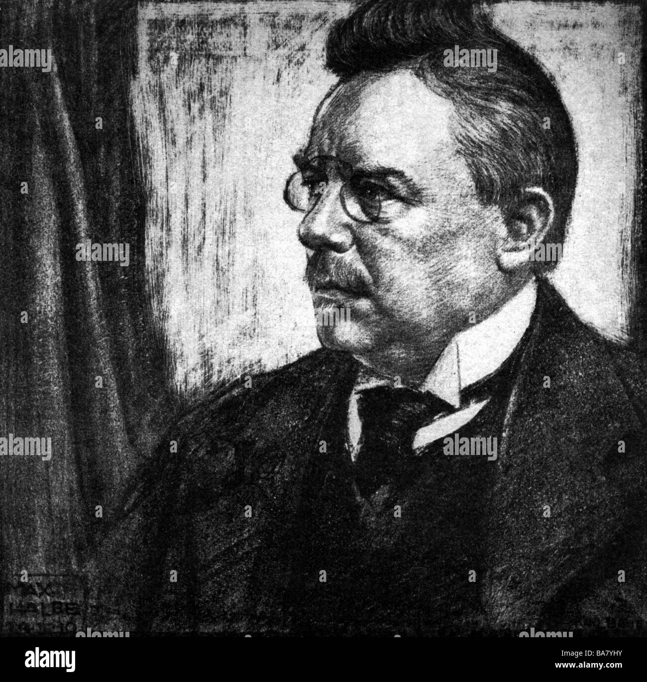 Halbe, Max, 4.10.1865 - 30.11.1944, German author / writer, portrait, lithograph by Karl Bauer, Stock Photo