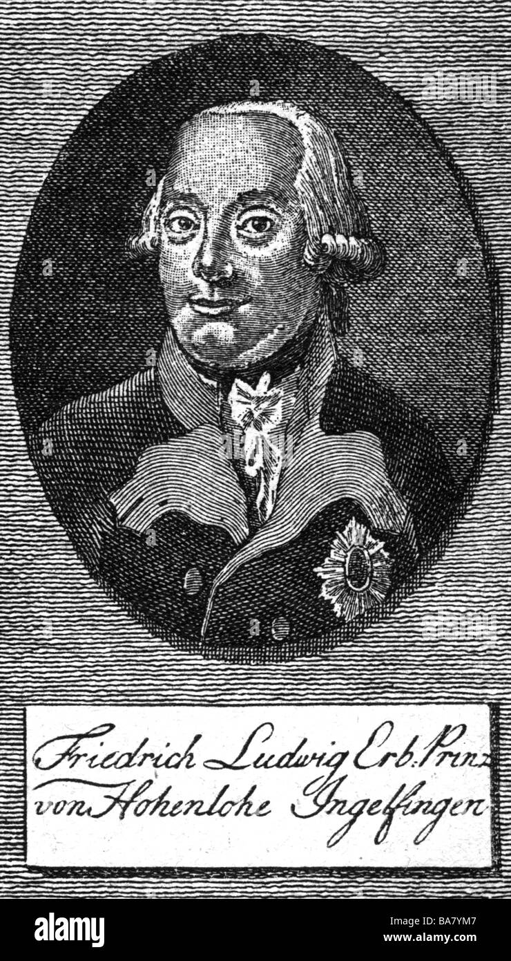 Hohenlohe-Ingelfingen, Friedrich Ludwig Prince of, 31.1.1746 - 15.2.1818, Prussian general, portrait, copper engraving, circa 1790, , Artist's Copyright has not to be cleared Stock Photo