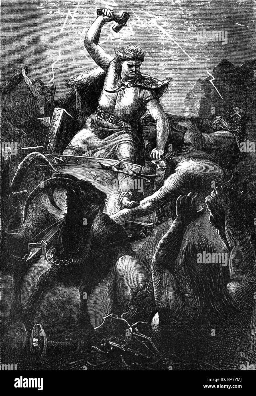 Thor, Germanic god of thunder, szene, beating with his hammer, wood engraving, 19th century, Stock Photo