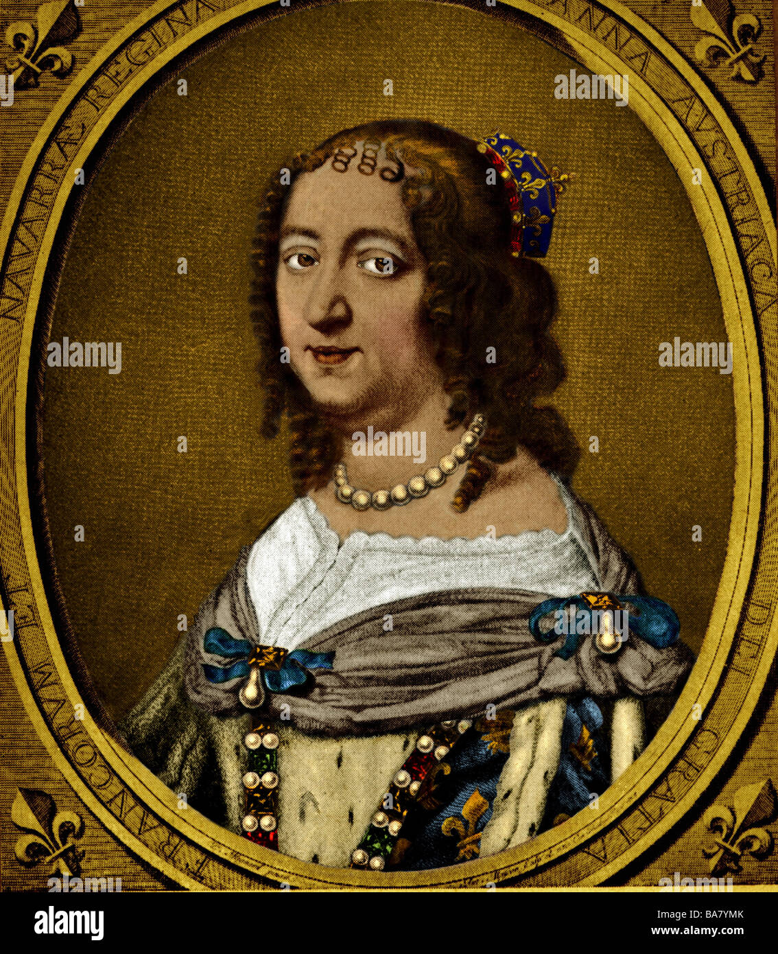 Anne of Austria, 22.9.1601 - 20.1.1666, Queen of France since 1615, wife of Louis XIII, portrait in oval, copper engraving by Antoine Masson, coloured, 17th century, Artist's Copyright has not to be cleared Stock Photo