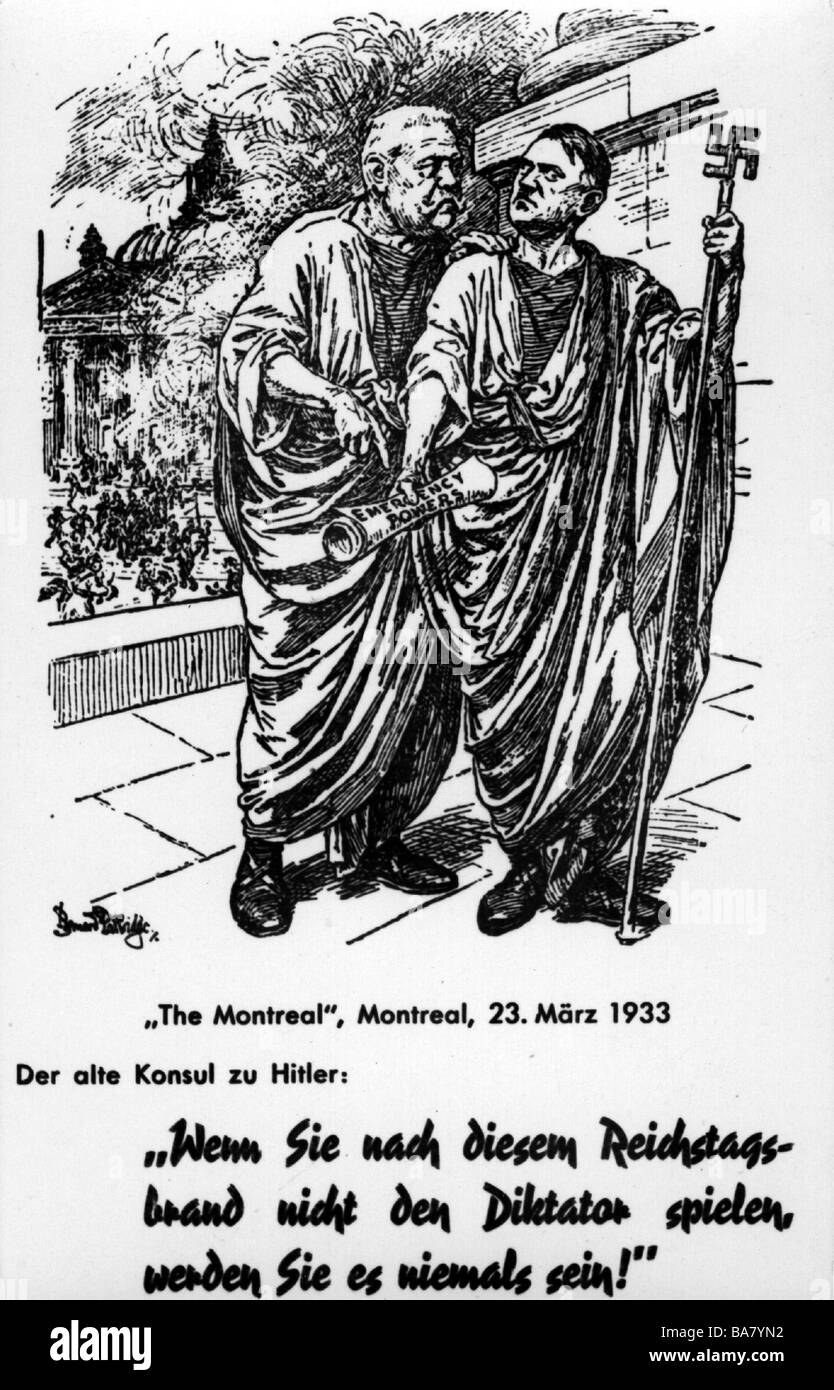 Hitler, Adolf, 20.4.1889 - 30.4.1945, German politician (NSDAP), Fuehrer and Reich Chancellor since 1933, with Hindenburg, caricature, Reichstag fire, drawing from 'The Montreal', 23.3.1933, full length, Stock Photo
