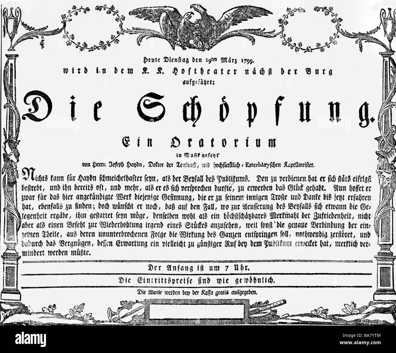 Haydn, Joseph, 31.3.1732 - 31.5.1809, Austrian composer, works, oratory 'The Creation' ('Die Schoepfung'), announcement, premiere, Vienna, 19.3.1799, , Stock Photo