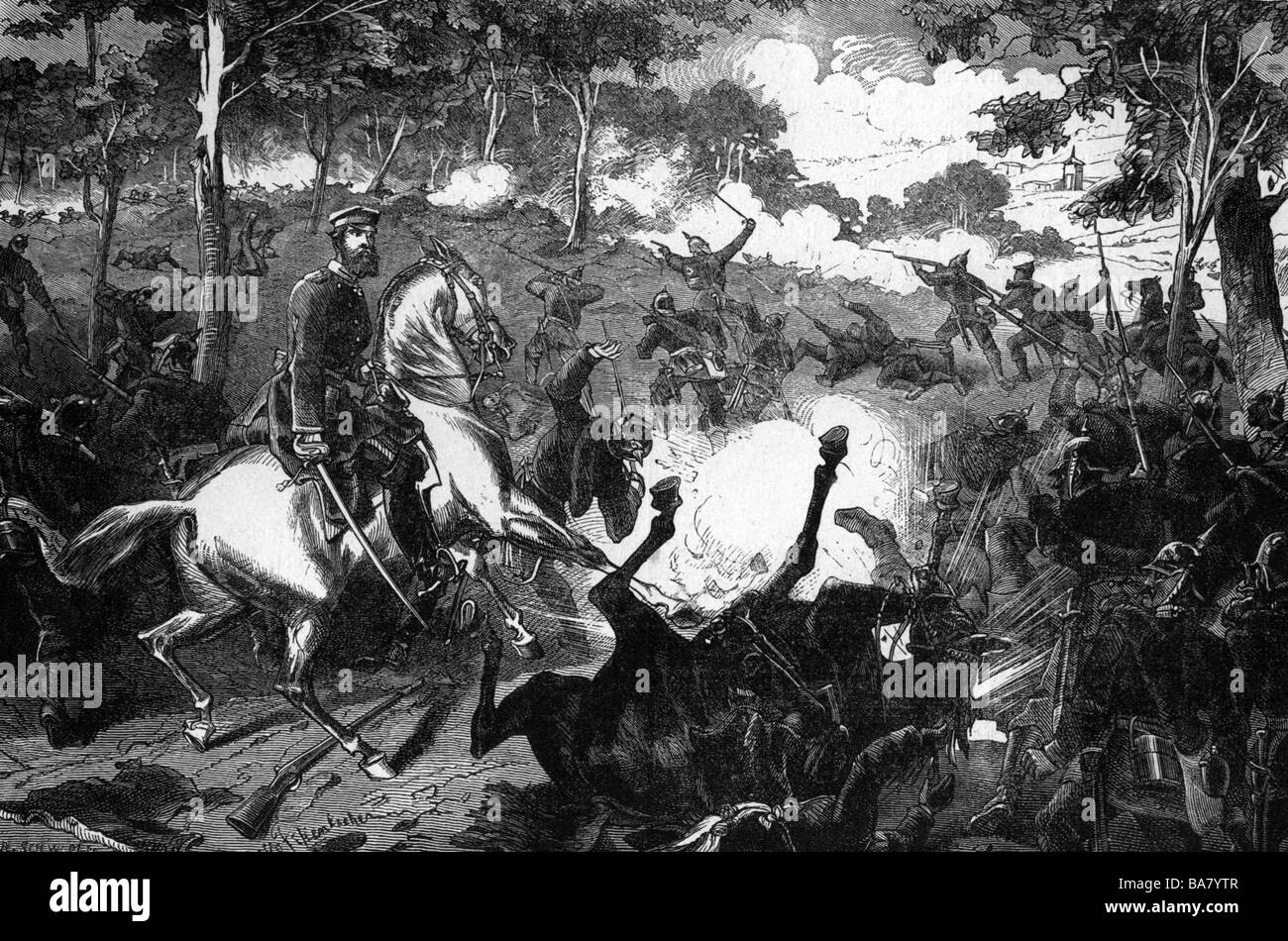 events, Franco-Prussian War 1870 - 1871, Battle of Mars-la-Tour, 16.8.1870, charge of the Hessian Division, wood engraving, 19th century, Vionville, Germans, Hessians, Prince Louis of Hesse, Franco - Prussian, France, historic, historical, people, Stock Photo