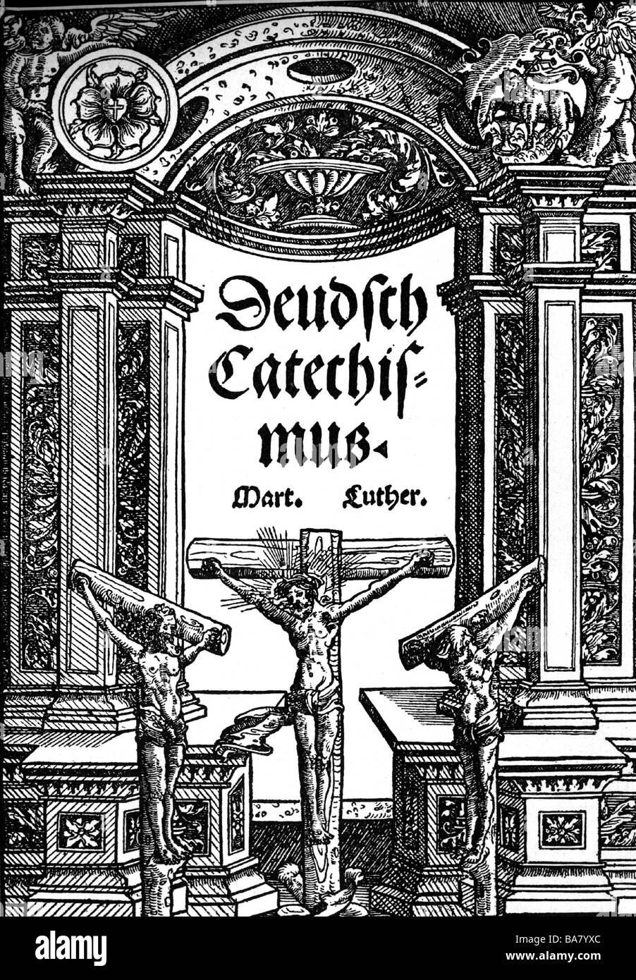 Luther, Martin, 10.11.1483 - 18.2.1546, German theologian, ecclesiastical reformer, works, Large Catechism, 1529, title, woodcut, Stock Photo