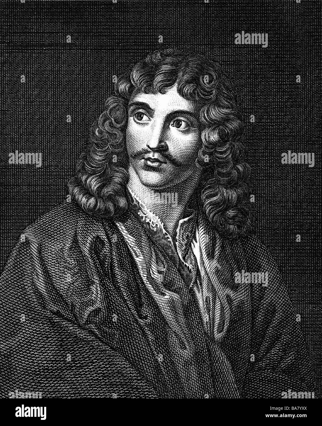 Moliere, 15.1.1622 - 17.2.1673, French author/writer and theatre director, portrait, wood engraving after contemporary image, Stock Photo