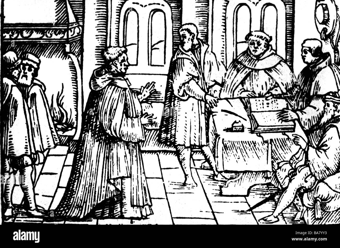 Luther, Martin, 10.11.1483 - 18.2.1546, German theologian, ecclesiastical reformer, interrogation by Thomas Cajetan in Augsburg, 12. - 14.10.1518, woodcut, Strasbourg, 1556, Stock Photo