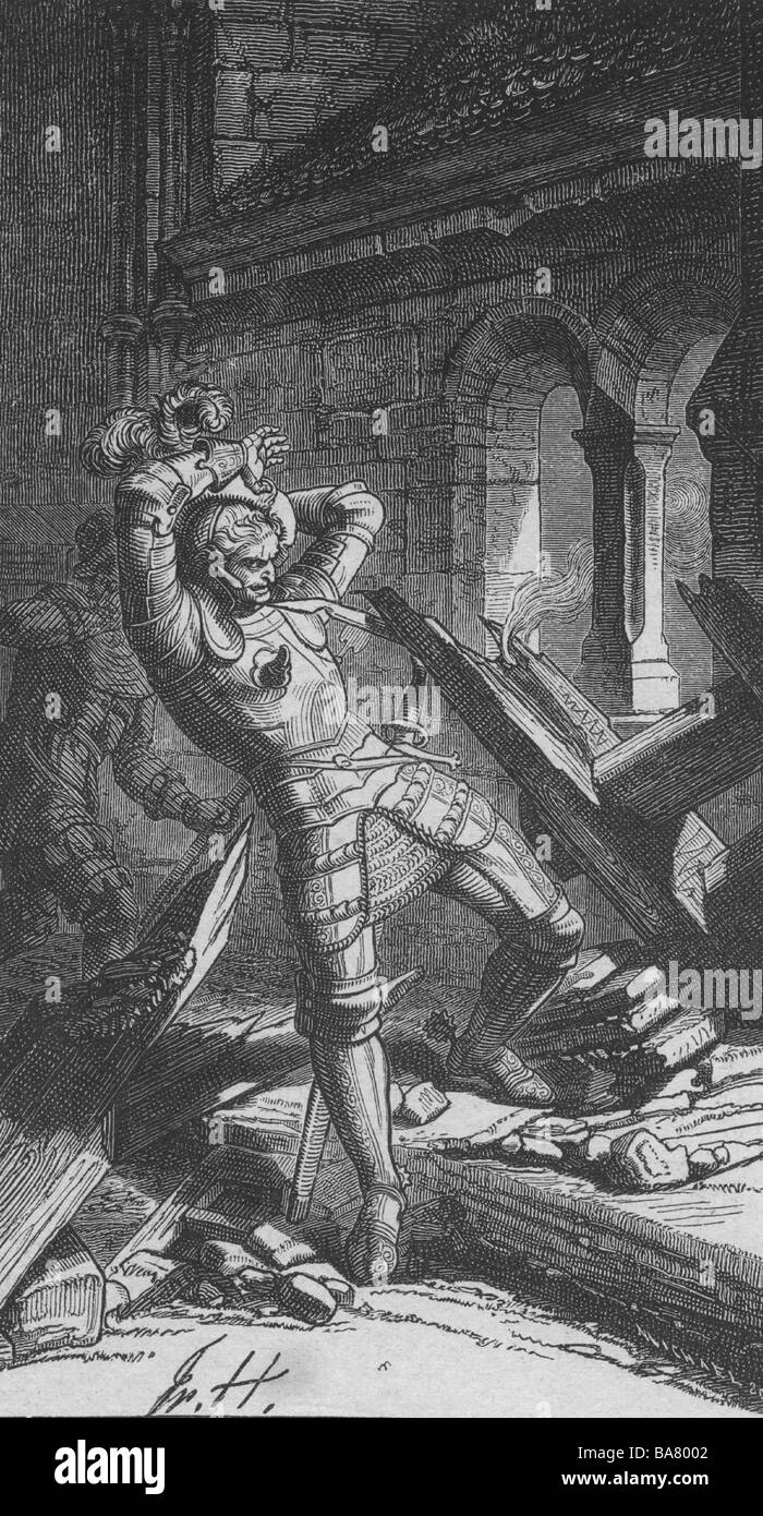 Sickingen, Franz von, 2.3.1481 - 7.5.1523, German knight, scene, is being severely wounded during the siege of his castle nanstein near Landstuhl, 1.5.1523, wood engraving, 19th century, Stock Photo