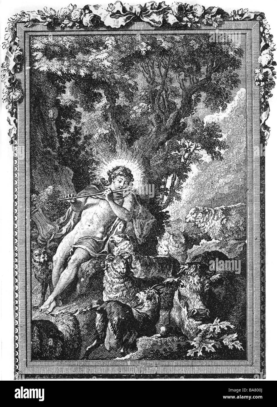 Apollo, Greek deity of light, poetry, music, medicine, painting 'Apollon gardant Troupeaux d Admete', Stock Photo