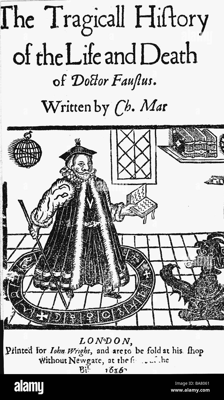 Marlowe, Christopher, 6.2.1564 - 30.5.1593, British dramatist, work, detail from "The Tragical History of the Life and Death of Doctor Faustus", London, 1636, Stock Photo