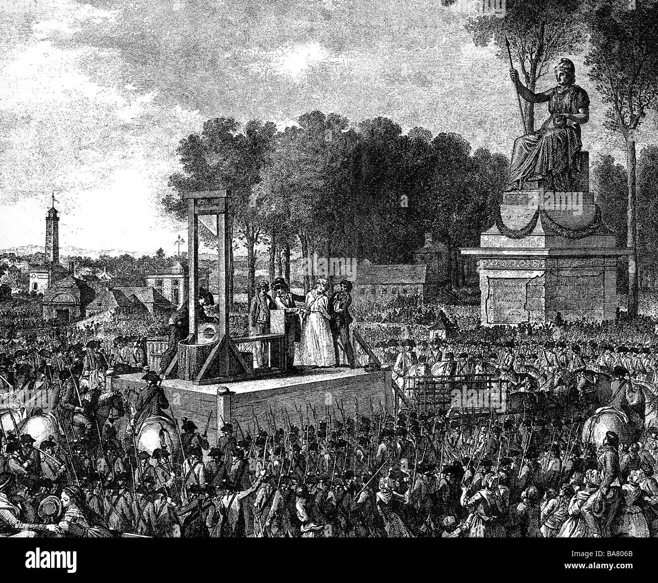 Marie Antoinette, 2.11.1755 - 16.10.1793, Queen consort of France 10.5.1774 - 21.9.1792, her execution at Place de la Revolution, contemporary copper engraving by Helmann after C. Monnet, Artist's Copyright has not to be cleared Stock Photo