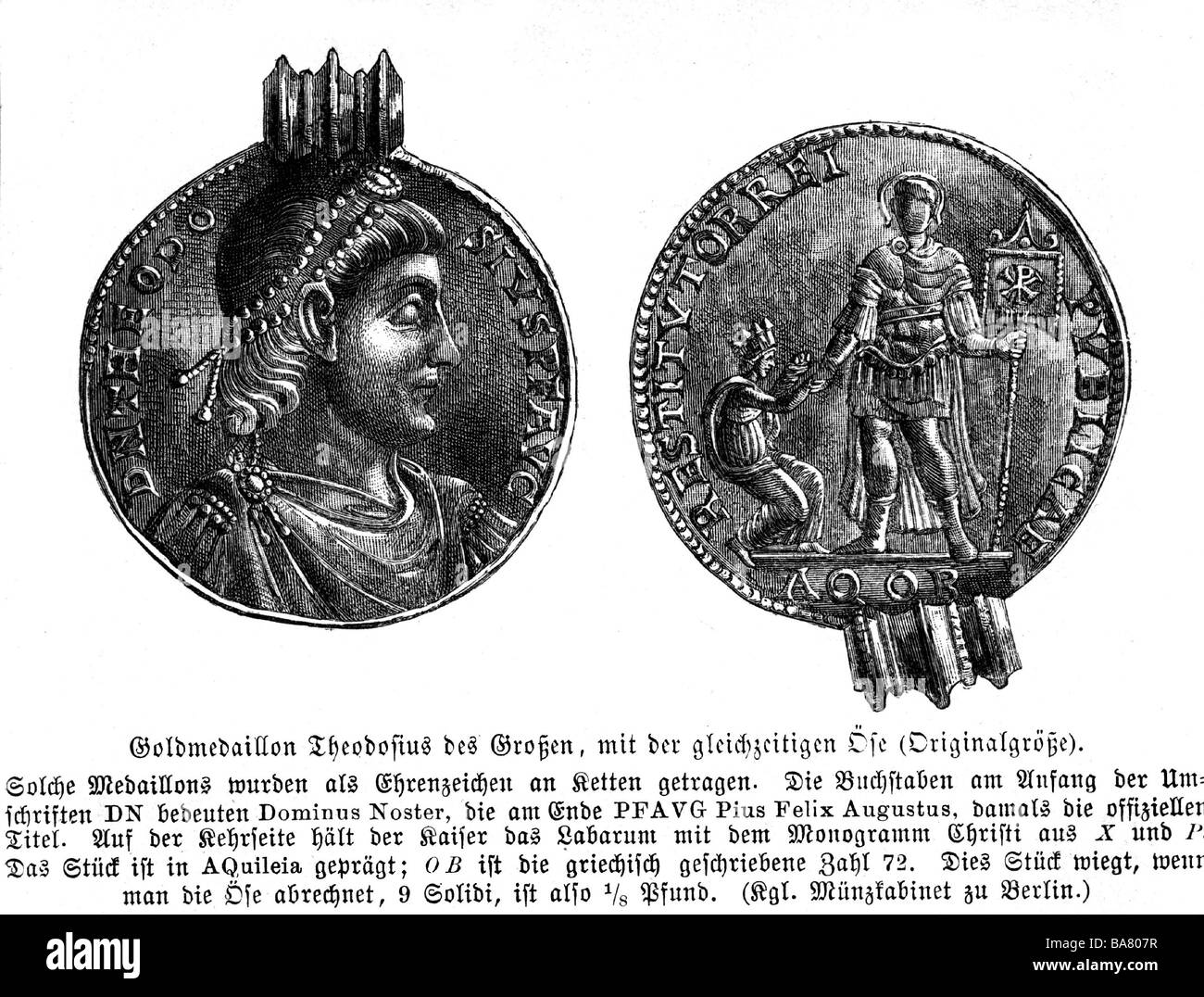 Theodosius I., Flavius, 'the Great', 11.1.347 - 17.1.395, Roman Emperor 19.1.379 - 17.1.395, coin, front: portrait, back: full length with labarum, wood engraving, 19th century, , Stock Photo