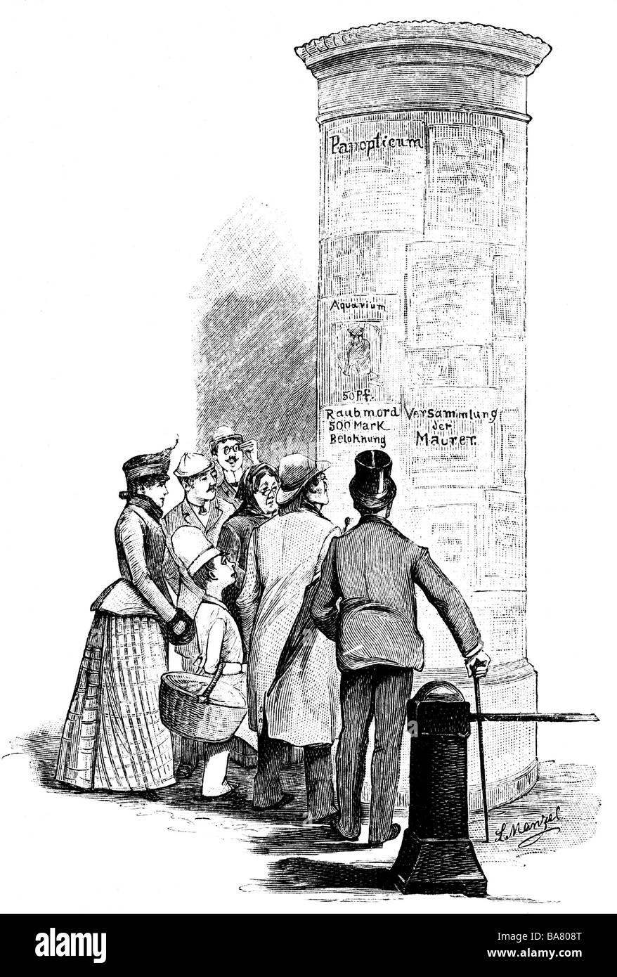 advertising, advertising media, advertising pillar, poster at an advertising pillar in Berlin, wood engraving after drawing by L. Manzel, circa 1891, Stock Photo