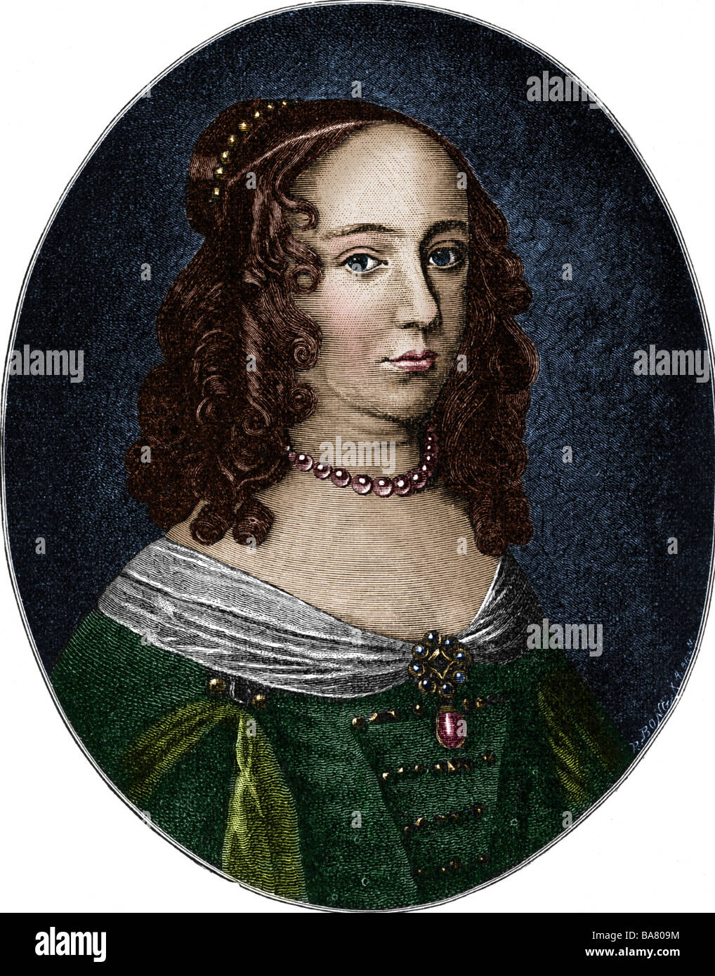 Luise Henriette of Nassau, 7.12.1627 - 18.6.1667, Electress of Brandenburg 7.12.1646 - 18.6.1667, portrait, wood engraving after painting by Gerart van Hondhorst, later coloured, Artist's Copyright has not to be cleared Stock Photo