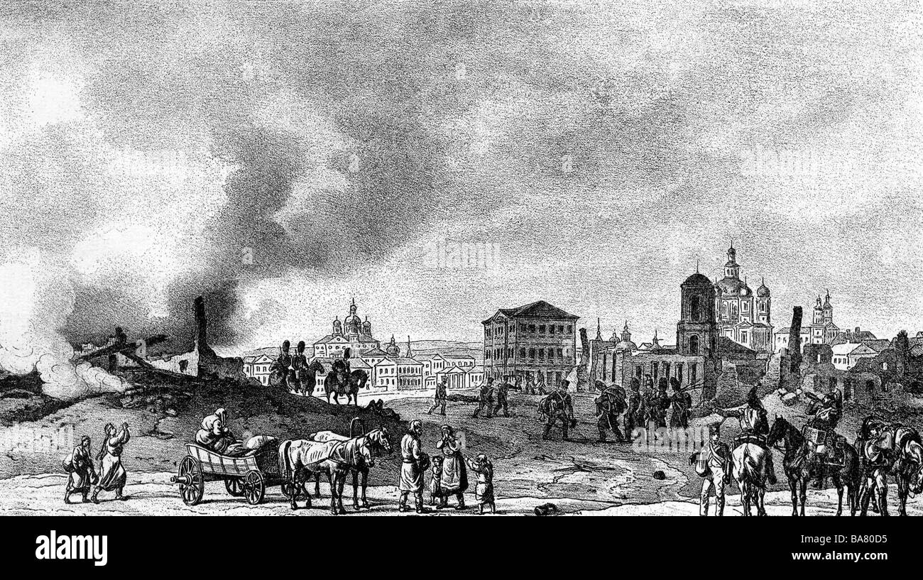 events, War of the Sixth Coalition 1812 - 1814, Russian campaign 1812, ruins of Smolensk, 18.8.1812, wood engraving after drawing by Albrecht Adam (1767 - 1862), Napoleonic Wars, Russia, destruction, battle, battlefield, historic, historical, 19th century, people, Stock Photo