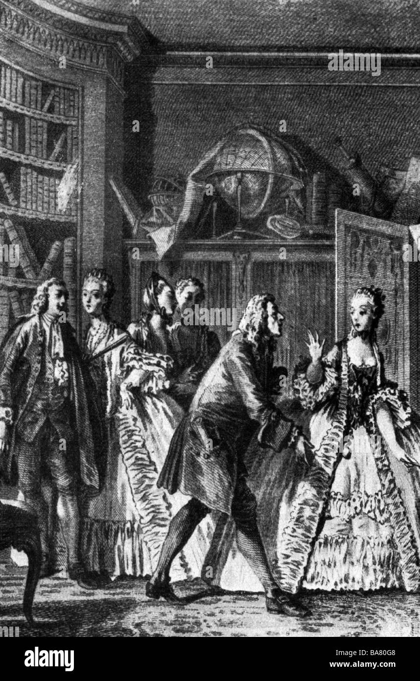 Moliere, 15.1.1622 - 17.2.1673, French author/writer and theatre director, scene from 'Les Femmes Savantes', engraving, 18th century, Stock Photo
