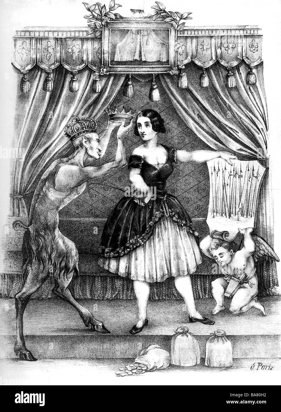 Montez, Lola, 17.2.1821 - 17.1.1861, Irish dancer, caricature on gathering to princess of Landsfeld by King Louis I of Bavaria, lithograph by Wilhelm Starck, 1847, birth name: Marie Dolores Gilbert, lover, mistress of King Louis I of Bavaria 1846 - 1848, 'Femme Fatale', dance, dancing, angel, coat of arms, riding crop, putto, politics, Wittelsbach, money sacks, buck, full length, , Stock Photo