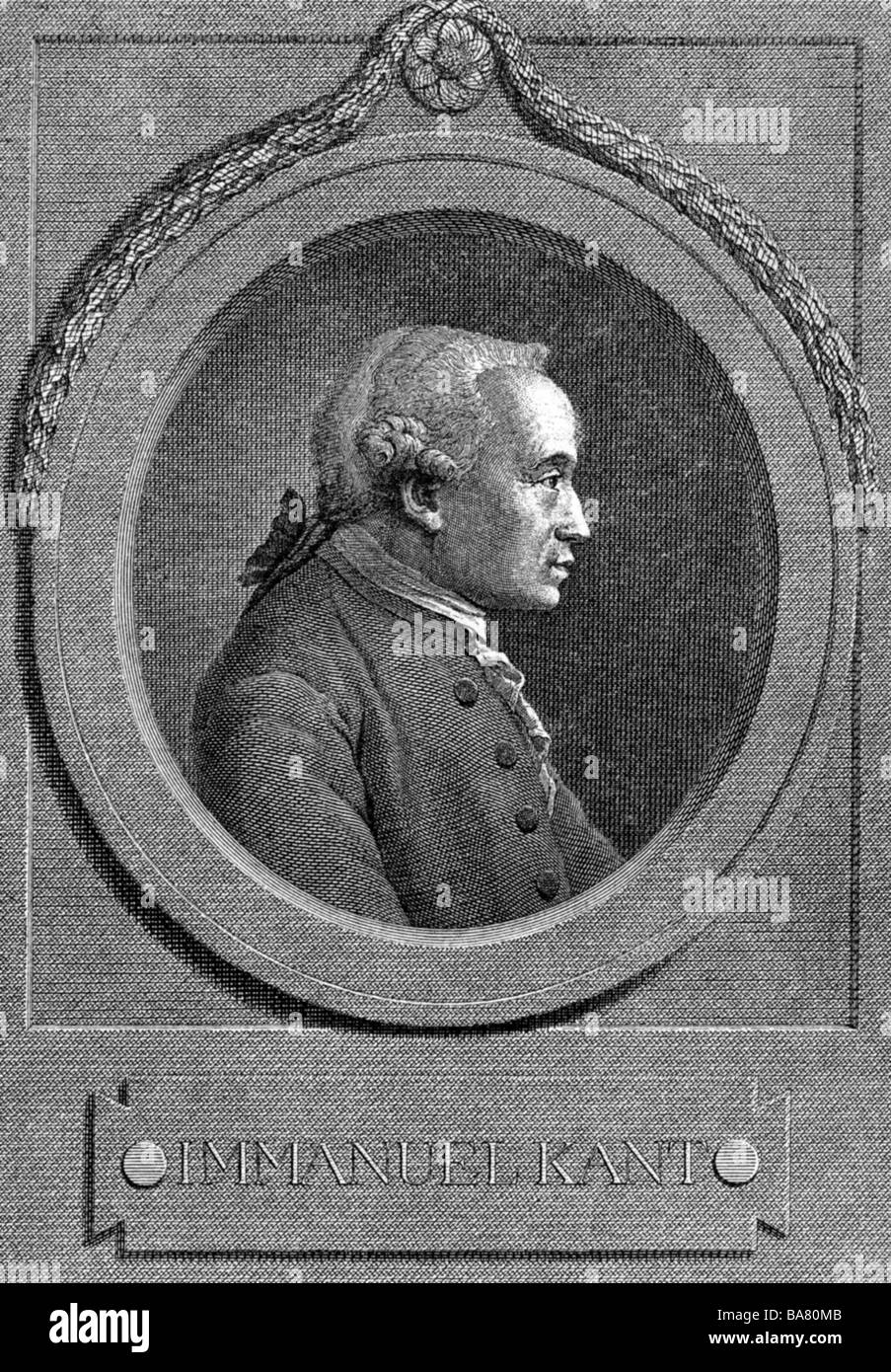 Kant, Immanuel, 22.4.1724 - 12.2.1804, German philosopher, portrait, copper engraving, 1791, by Johann Friedrich Bause (1738-1814), after painting by Hans Schnorr von Carolsfeld, Artist's Copyright has not to be cleared Stock Photo