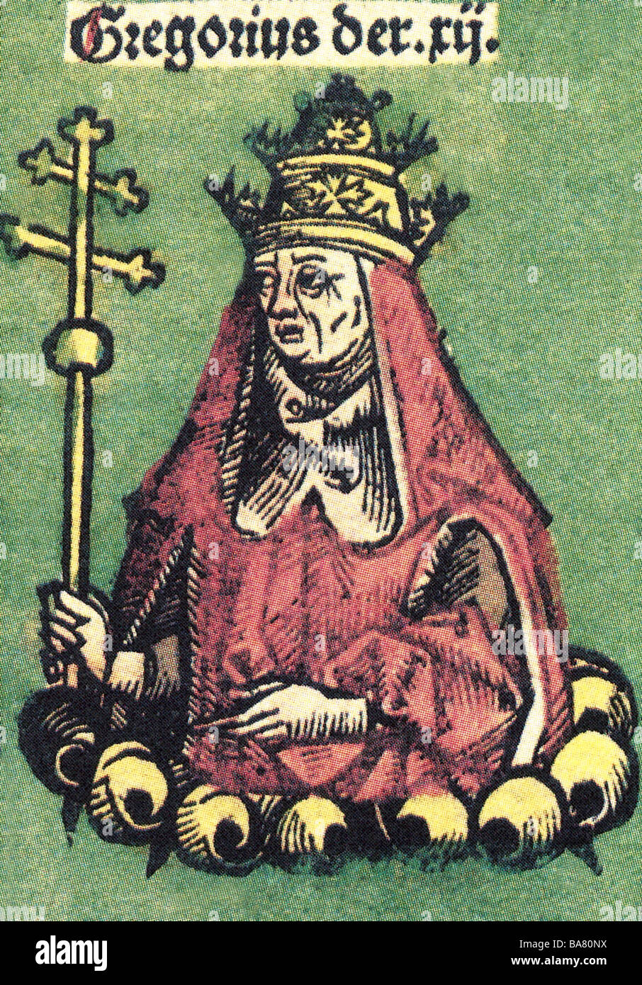 Gregory XII (Angelo Correr), * circa 1325 - 18.10.1417, Pope  30.11.1406 - 4.7.1415, portrait, woodcut by Michael Wohlgemut or Wilhelm Pleydenwurff, World Chronicle of Hartmann Schedel, Nuremberg, 1493, Artist's Copyright has not to be cleared Stock Photo