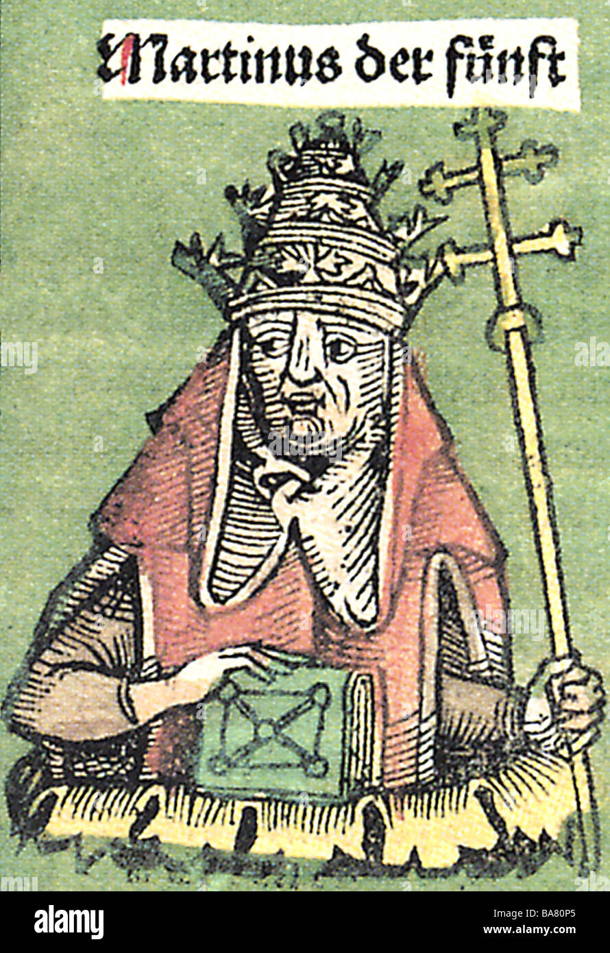 Martin V (Oddone Colonna), 1368 - 20.2.1431, Pope 11.11.1417 - 20.2.1431, portrait, woodcut by Michael Wohlgemut or Wilhelm Pleydenwurff, World Chronicle of Hartmann Schedel, Nuremberg, 1493, Artist's Copyright has not to be cleared Stock Photo