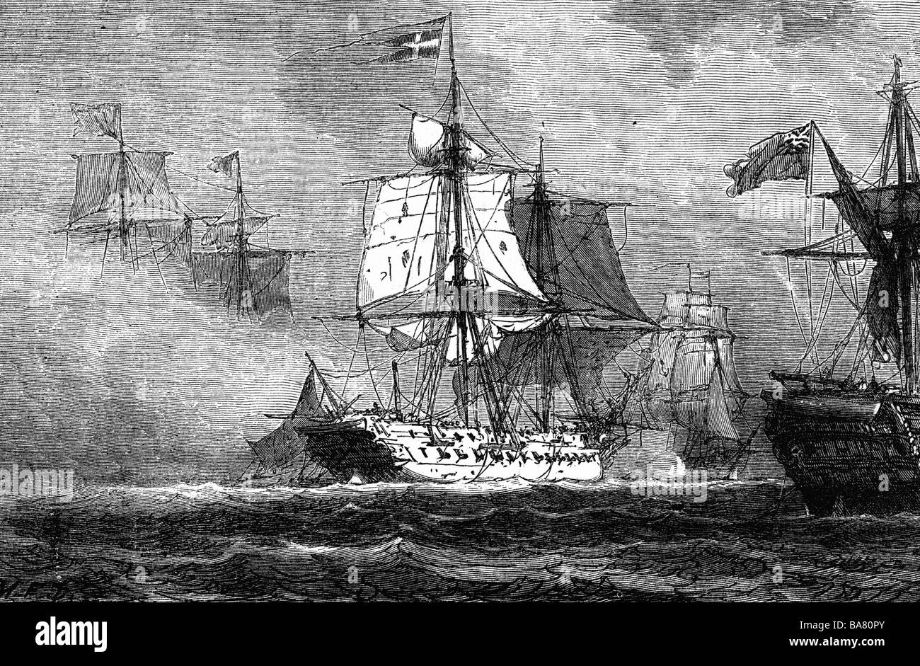 events, War of the Forth Coalition 1806 - 1807, 2nd Naval Battle of Copenhagen, 16.8.1807 - 5.9.1807, Danish frigate "Freya" in combat, wood engraving, 19th century, , Stock Photo