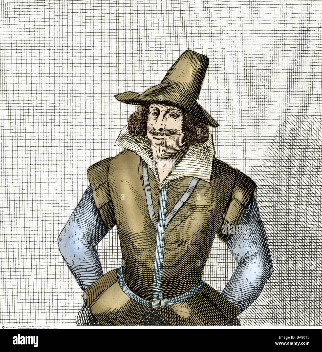 Fawkes, Guido 'Guy', 13.4.1570 - 31.1.1606, English assassin, involved in the 'Gunpowder Plot' in London, 5.11.1605, contemporaneous engraving, later coloured, Stock Photo