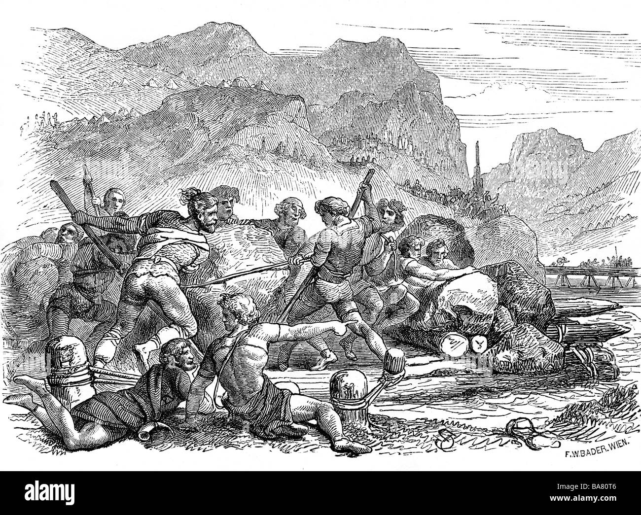 ancient world, Germanic Peoples, Cimbri building rafts at the river Adige, 101 BC, wood engraving, 19th century, antiquity, raft, Roman Empire, migration, warriors, 1st century BC, historic, historical, ancient world, people, Stock Photo