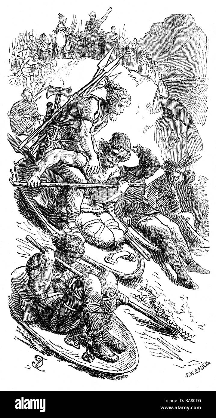 ancient world, Germanic Peoples, Cimbri crossing the Alps, sliding down the slope on their shields, 101 BC, wood engraving, 19th century, antiquity, shield, mountains, Roman Empire, migration, warriors, 1st century BC, historic, historical, ancient world, people, Stock Photo