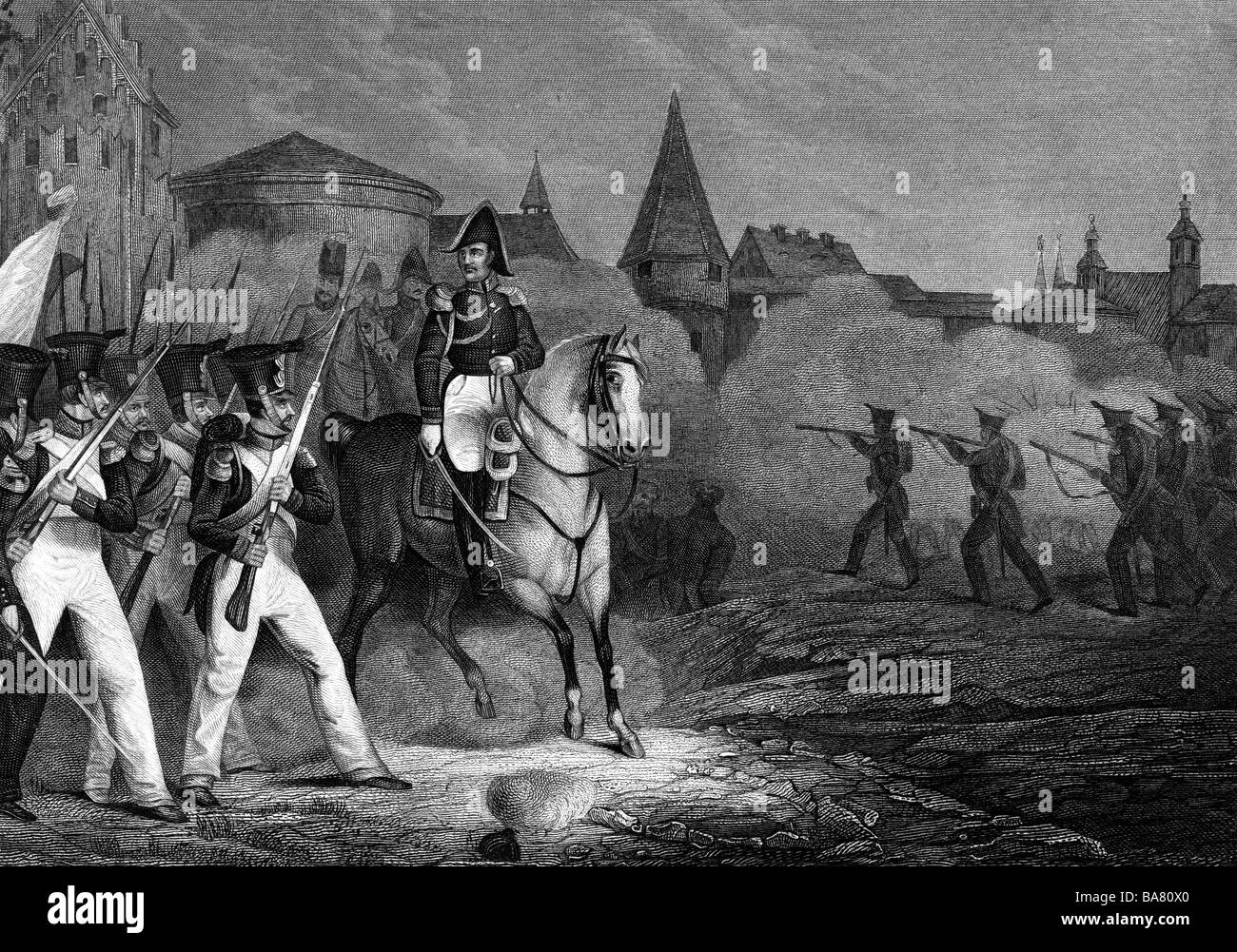 events, War of the Sixth Coalition 1812 - 1814, Battle of Luneburg, 2.4.1813, attack of the French commanded by general Joseph Morand, steel engraving, 19th century, Napoleonic Wars, Germany, combat, skirmish, historic, historical, people, Stock Photo