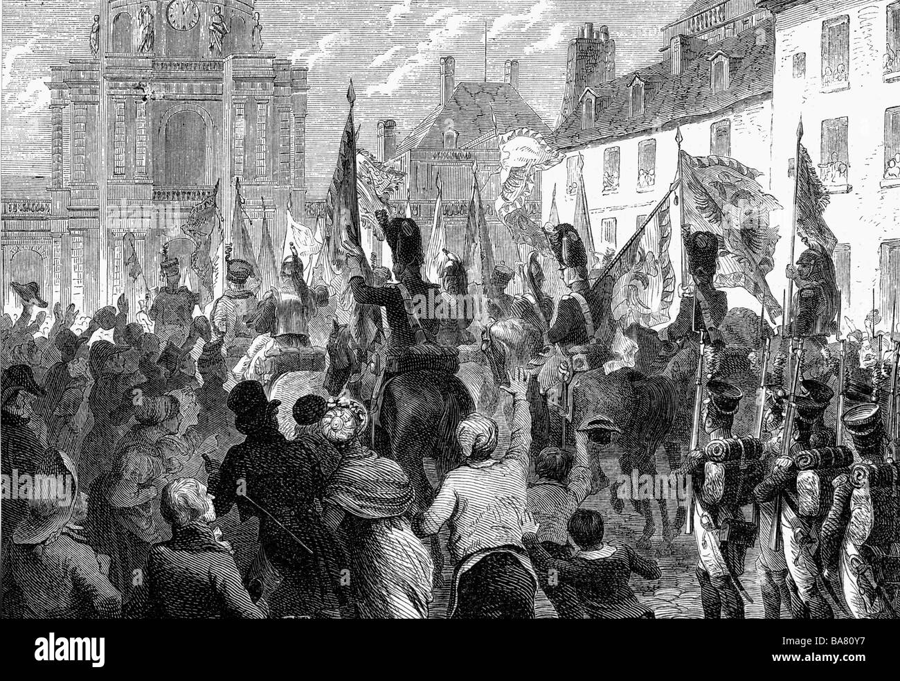events, War of the Third Coalition, 1805, Austrian flags captures at Ulm are carried to the Senate, Paris, 1805, wood engraving, 19th century, Napoleonic Wars, France, triumph, victory, historic, historical, people, Stock Photo