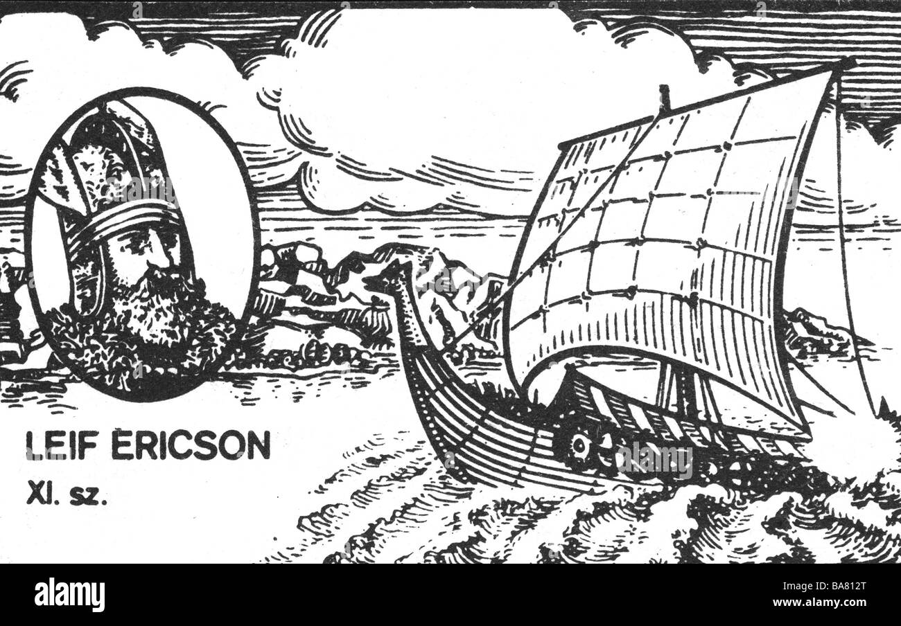 Ericson, Leif, circa 970 - circa 1020, Norse explorer, navigator, portrait, oval, Viking longboat, woodcut, Stock Photo