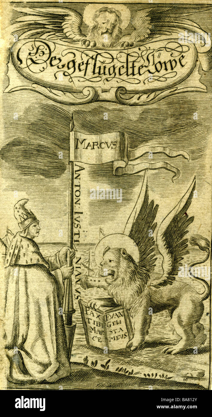 Giustinian, Marcantonio, 2.3.1619 - 23.1688, Venetian politician, full length, with winged lion, landmark of Venice, copper engraving, 17th century, Artist's Copyright has not to be cleared Stock Photo