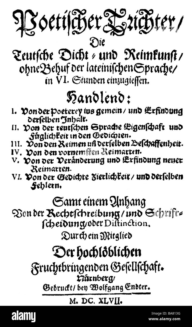 Harsdörffer, Georg Philipp, 1.11.1607 - 17.9.1658, German author/writer,  work "Poetischer Trichter" (Poetic funnel), title, first edition,  Nuremberg, 1647 Stock Photo - Alamy