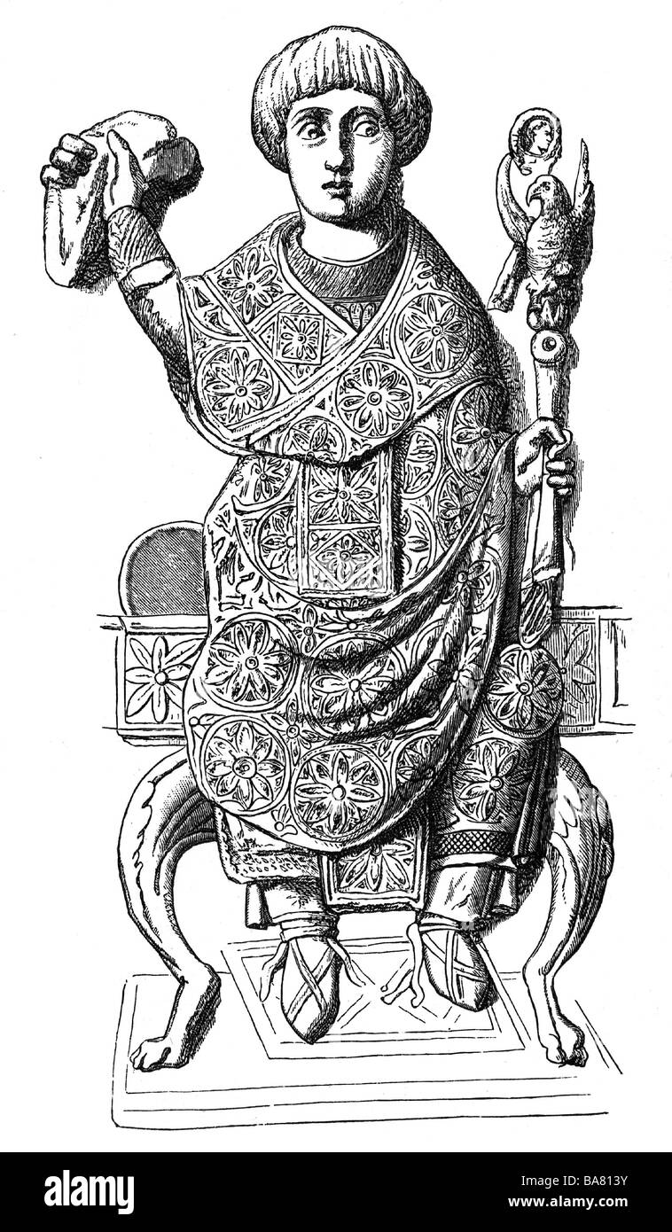 Anastasius I, Flavius, circa 491 - 1.7.518, Byzantian emperor since 491, full length, wood engraving, 19th century, after diptych, 5th century, Stock Photo