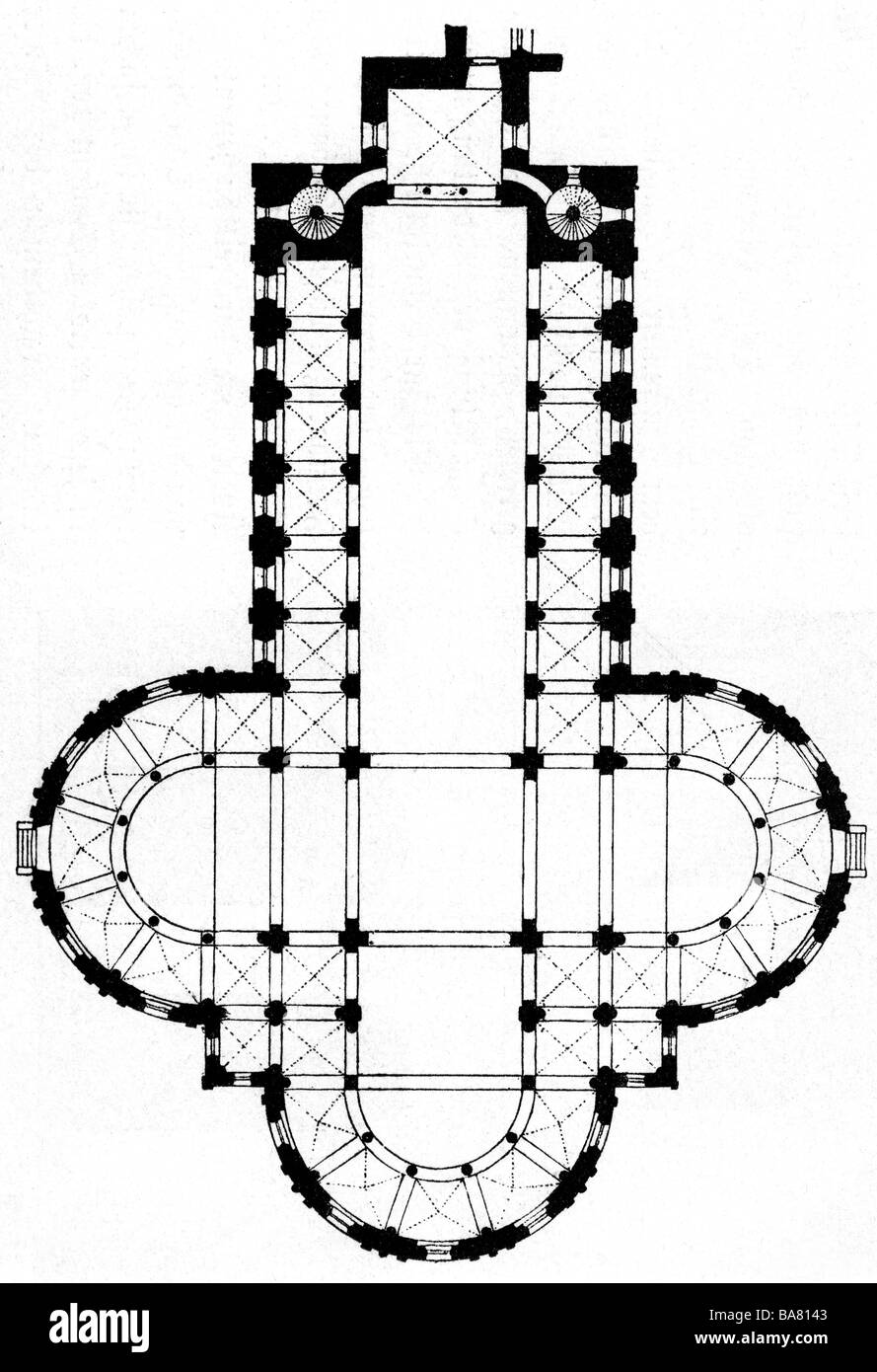 architecture, floor plans, Sain Mary Lyskirchen, built circa 1210 - 1220, wood engraving, 19th century, plan, catholic church, religion, christianity, Romanesque, middle ages, Germany, Rhineland, Europe, 13th century, historic, historical, medieval, Stock Photo