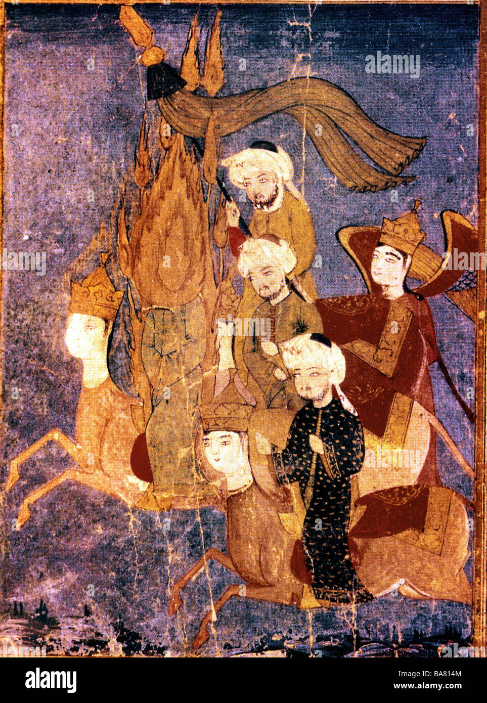 Muhammad (Abu al Kasim Muhammad ibn Abdallah), circa 570 - 8.6.632, Arabian Prophet, founder of Islam, with flame head and caliph and archangel Gabriel, Islamic miniature, Artist's Copyright has not to be cleared Stock Photo