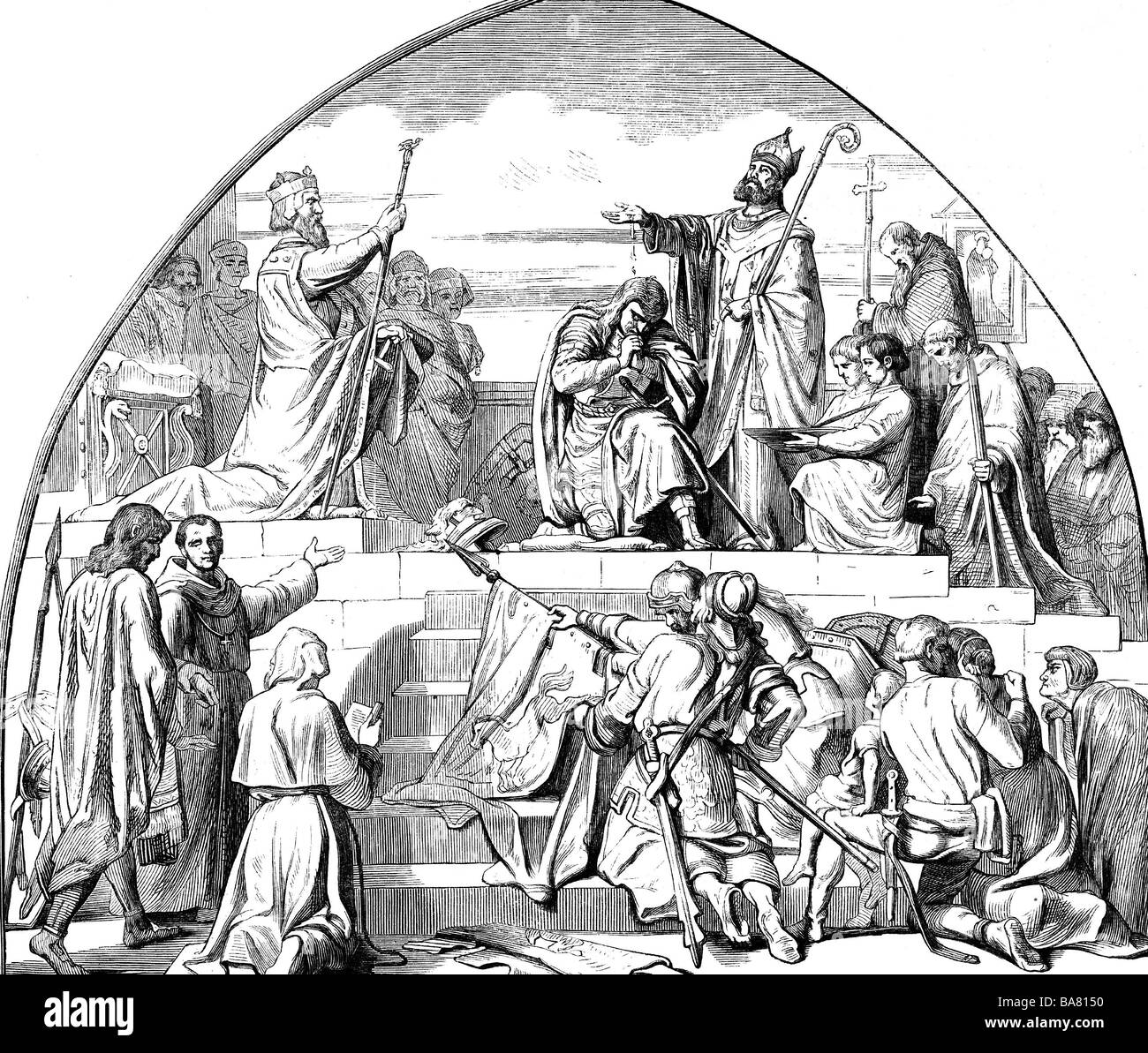 Widukind, circa 730 - 807, Duke of the Saxons, baptism at Attigny, 785, wood engraving after fresco by Alfred Rethel, Aachen, 19th century, , Stock Photo