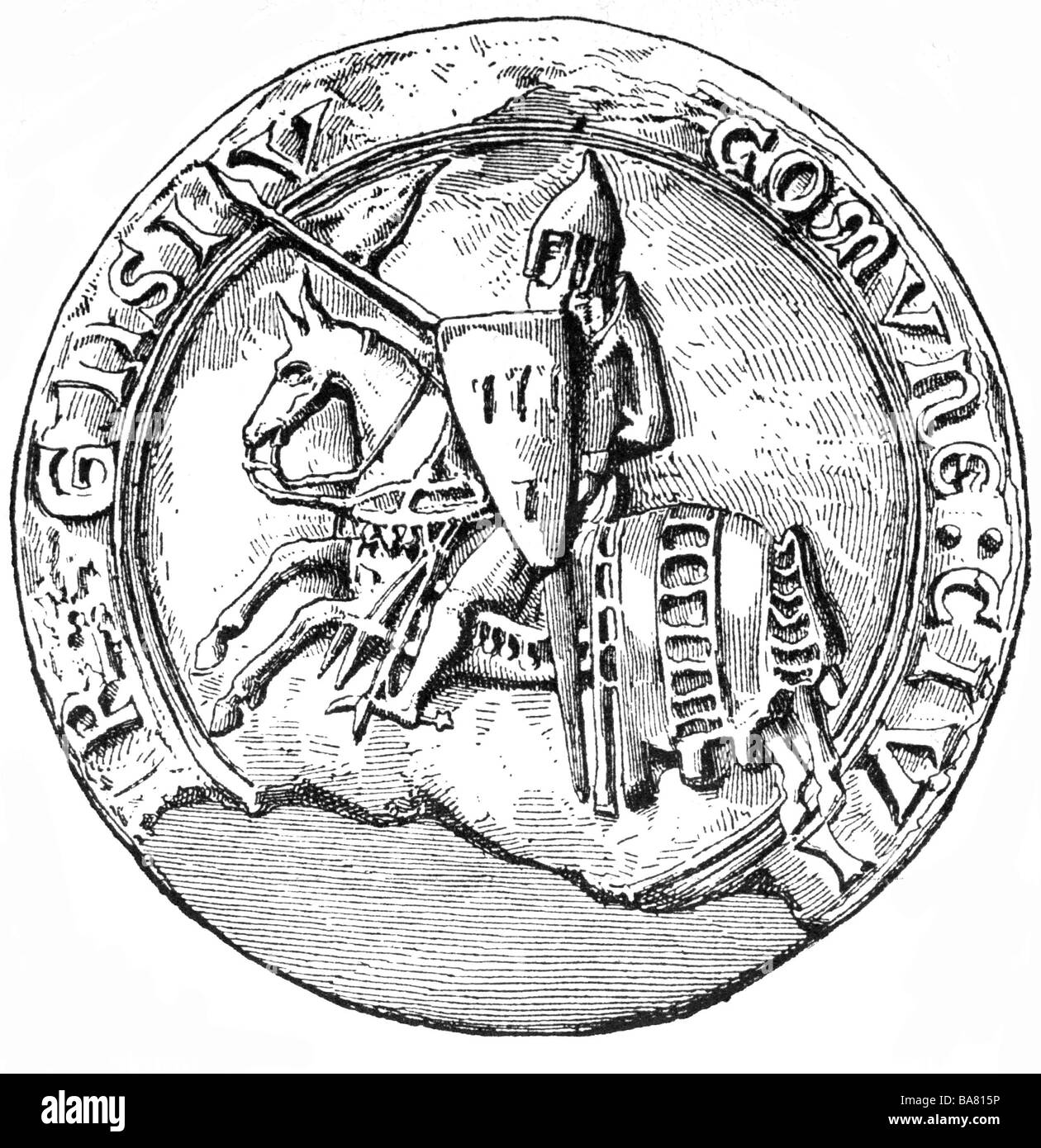 Simon IV de Montfort l´ Amauray, circa 1160 -  25.6.1218, Norman crusader, seal, wood engraving, 19th century, , Stock Photo