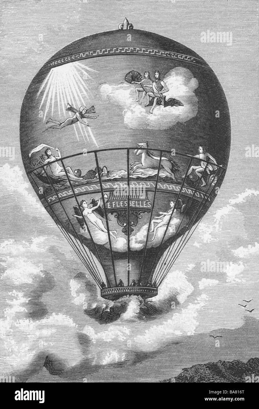 transport / transportation, aviation, balloons, hot-air ballon of brothers Joseph Michel and Jacques Etienne Montgolfier, copper engraving, lete 18th century, flight, Montgolfiere, science, France, 18th century, historic, historical, people, Stock Photo