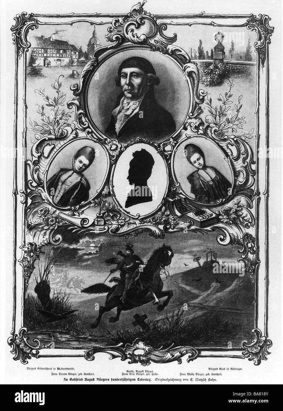 Buerger, Gottfried August, 31.12.1747 - 8.6.1794, German author / writer, portrait, with his wifes Dorette Leonhart, Elise Hahn and Molly Leonhart, allegory illustration to the 100th anniversary of his death, wood engraving after drawing by E. Nietsch Sohn, 1894, Stock Photo