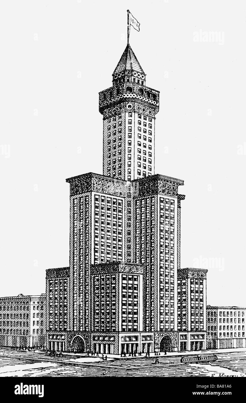Sullivan, Louis Henry, 4.9.1856 - 14.4.1924, American architect, design, Old Fellows Building (Fraternity Temple Building) in Chicago, 1892, wood engraving, 1893, , Stock Photo