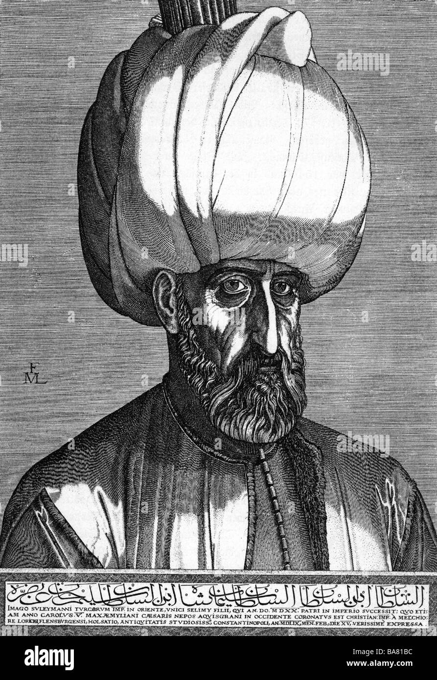 Suleiman I 'the Magnificent', circa 1495 - 27.4.1566, Sultan of the Ottoman Empire 1520 - 1566, portrait, copper engraving, by Melchior Lorch, 1559, Artist's Copyright has not to be cleared Stock Photo