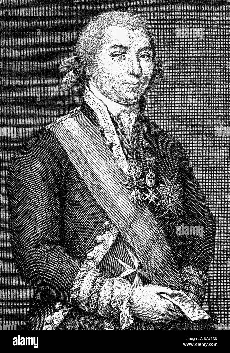 Godoy, Manuel de, 12.5.1767 - 4.10.1851, Spanish politician, Prime Minister 1792 - 1797 and 1801 - 1808, half length, copper engraving by Carmona, circa 1795, , Artist's Copyright has not to be cleared Stock Photo