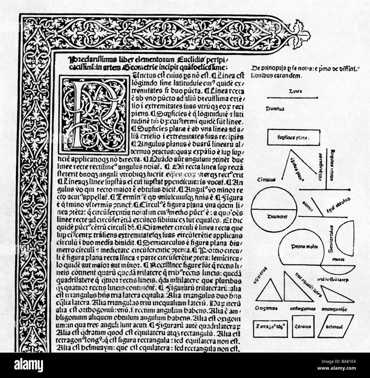 Euclid, circa 165 - 300 BC, Greek mathematician, 'Father of Geometry', work on the elements, text and sketches, first printed European edition, 1482, Stock Photo