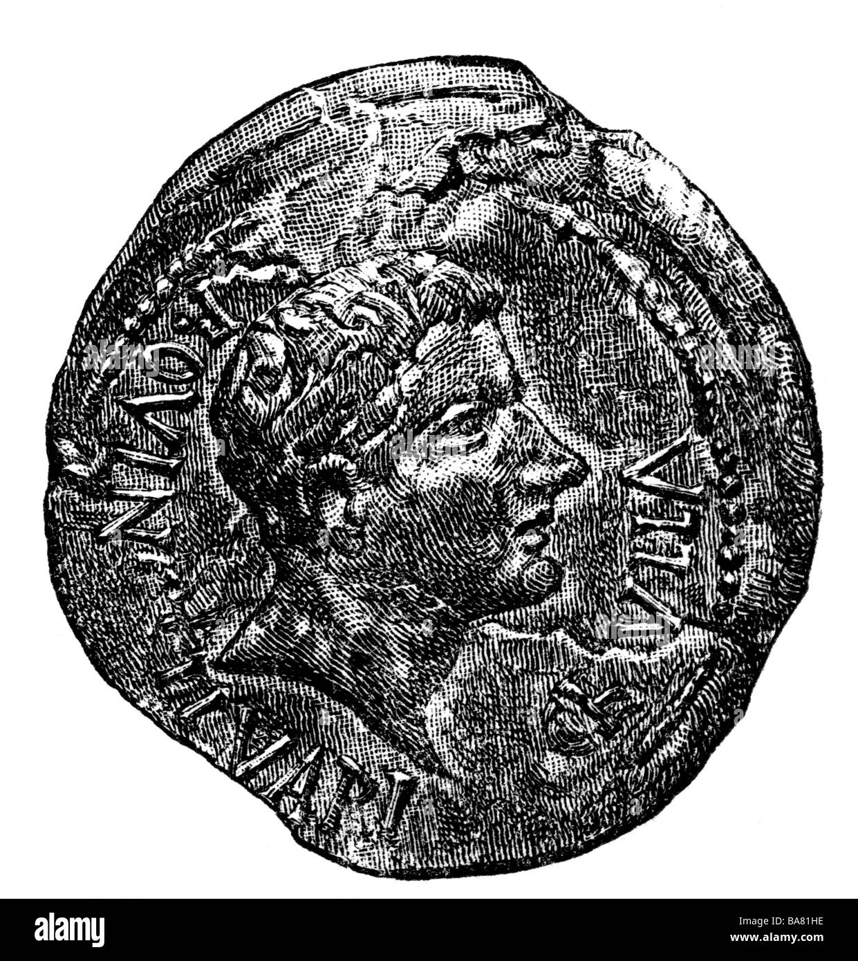 Varus, Publius Quinctilius, circa 46 BC - 9 AD, Roman general and politician, portrait, wood engraving after coin from Anchulla, Africa, 19th century, , Stock Photo